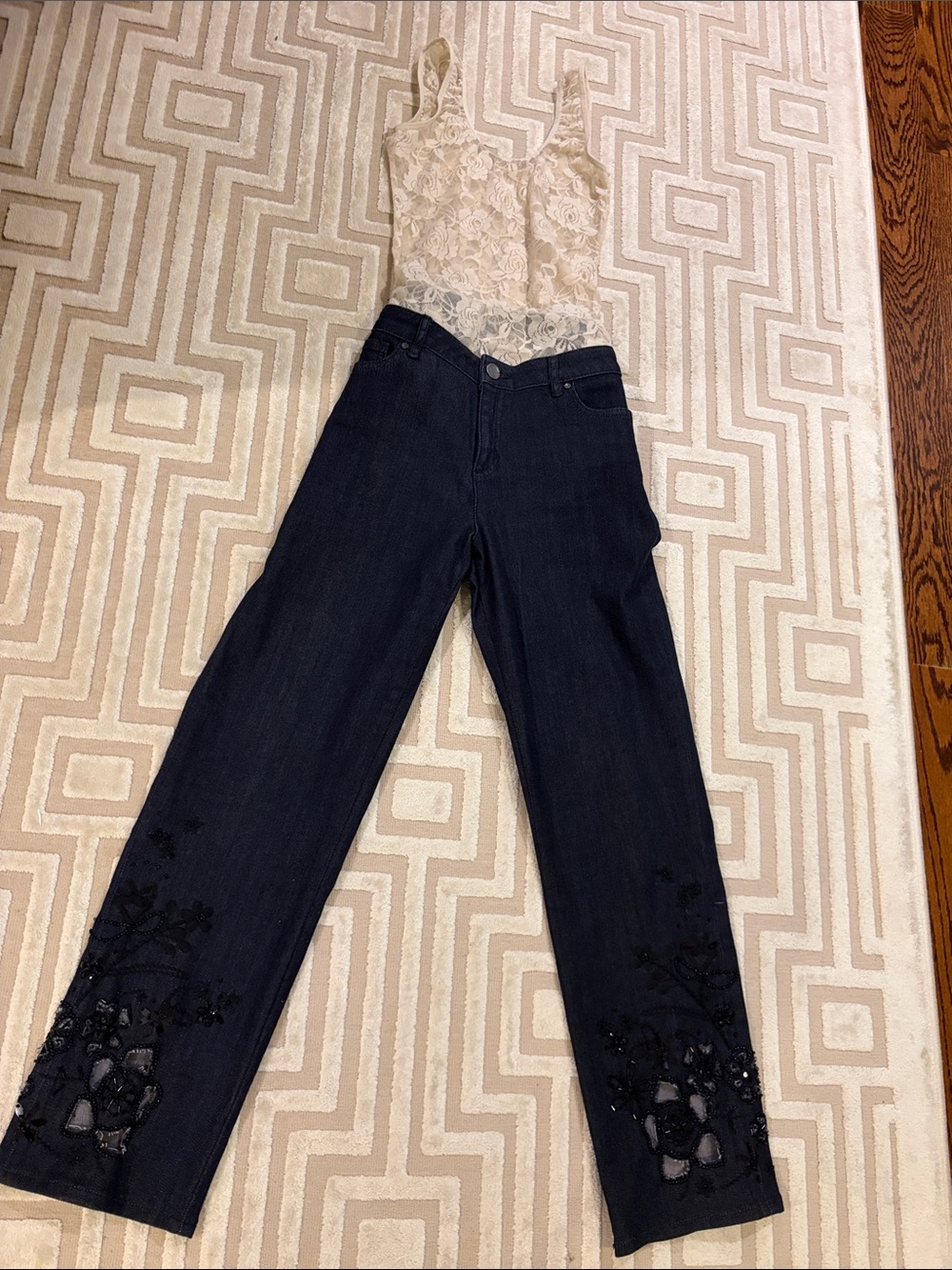 Elie Tahari, dark jeans, beaded laser cut out embellishments, dressy jeans